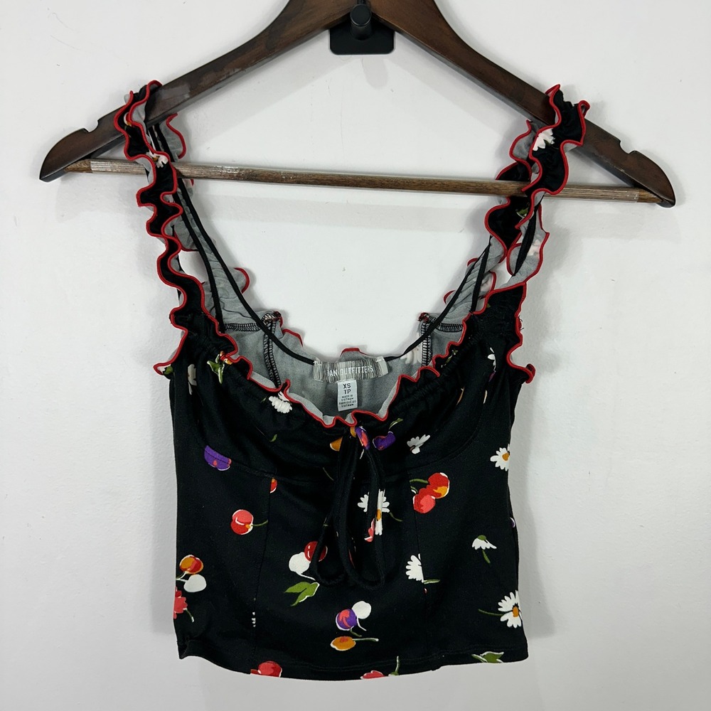 Urban Outfitters Babydoll Top Women XS Black Cherries Floral Y2K Coquette Dainty